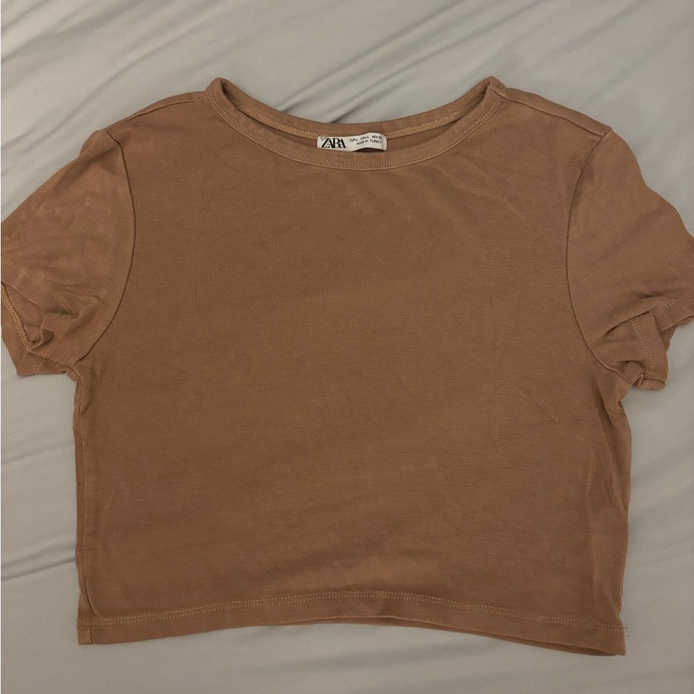 Zara Tan Short Sleeve Crop Top